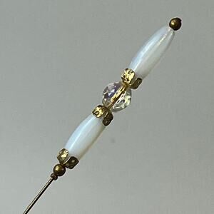 Vtg 8" Hat Pin White Bead Stick Pin Gold Tone Aurora Borealis Accent Mid Century